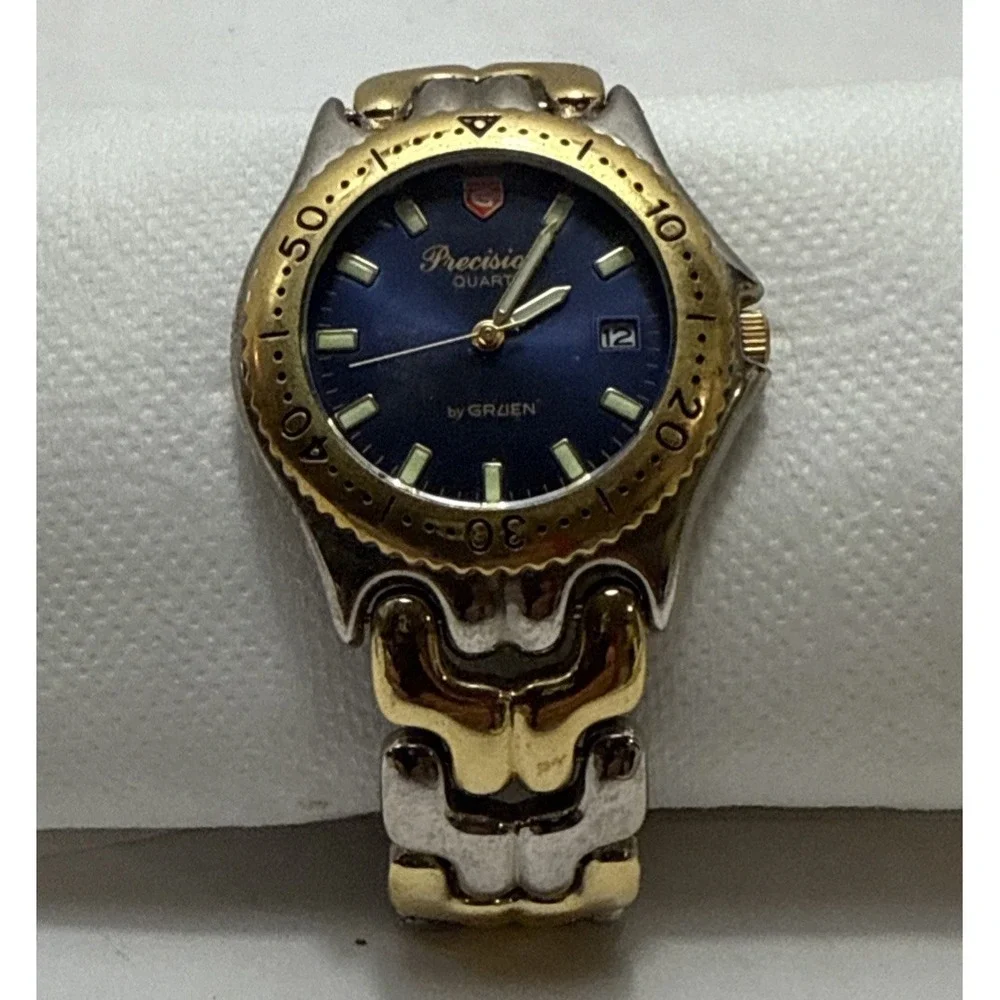 Vintage Gruen Precision Men's Watch Two Tone‎ Gold Silver-Blue Face-Not Tested
